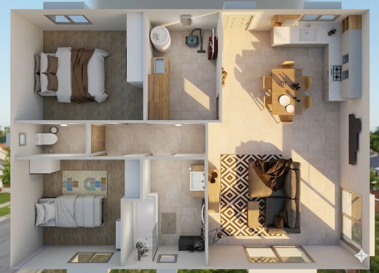 Vue 3D d'un plan d'aménagement intérieur